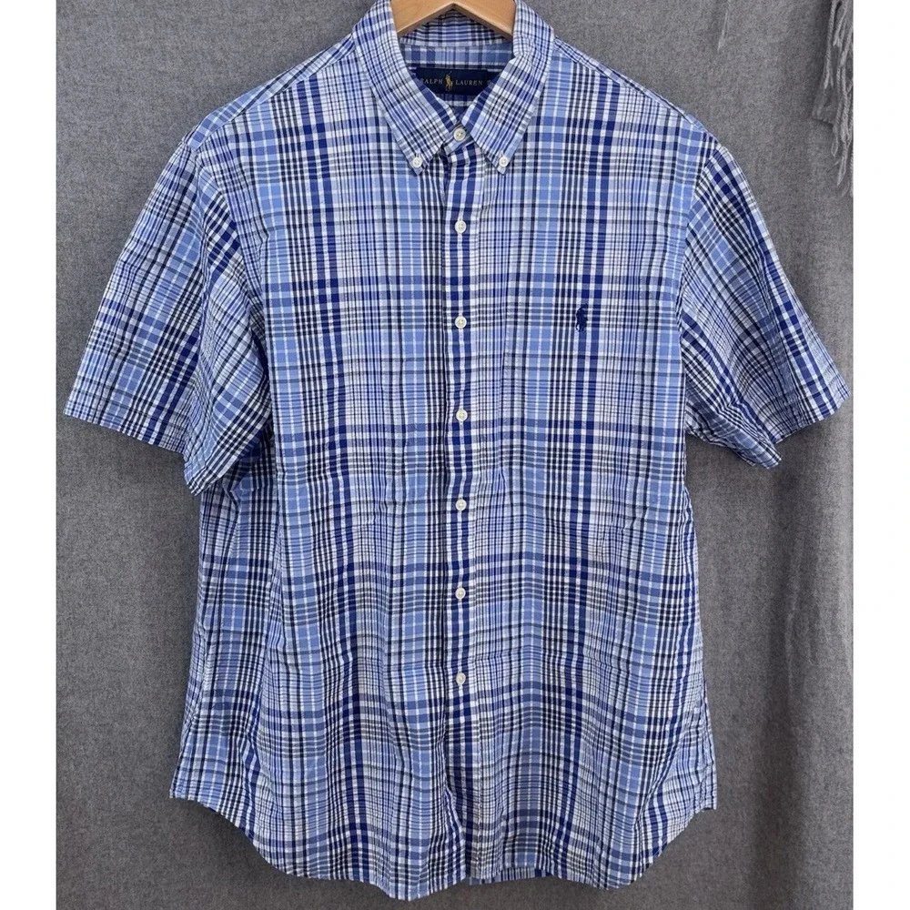 Polo Ralph Lauren Mens XL Short‎ Sleeve Blue Plaid Button Down 100% Cotton